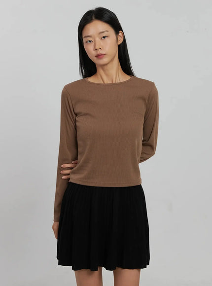 round-ribbed-long-sleeve-top-ij508 / Brown