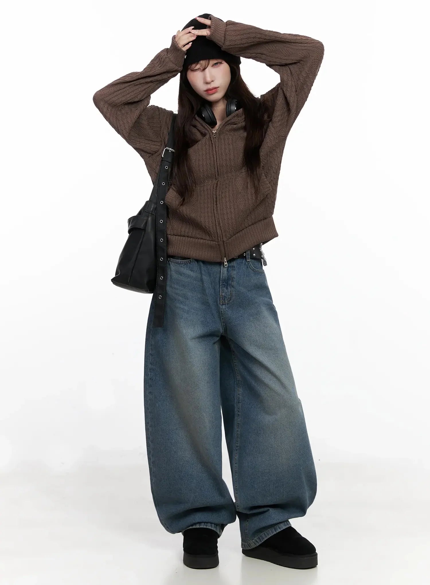 cable-knit-zip-up-hoodie-in503 / Brown