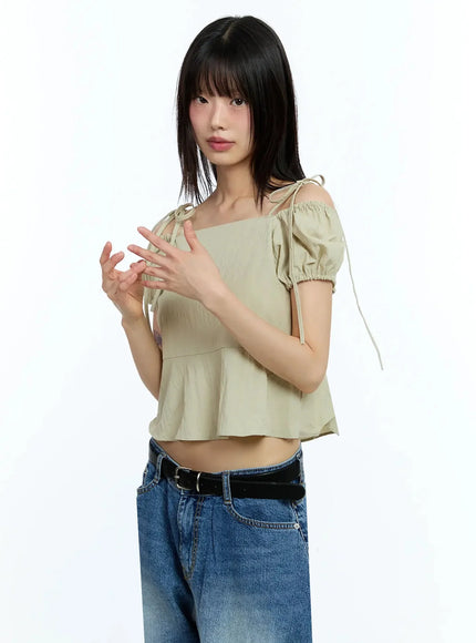 strappy-off-shoulder-cropped-blouse-iu523 / Dark beige
