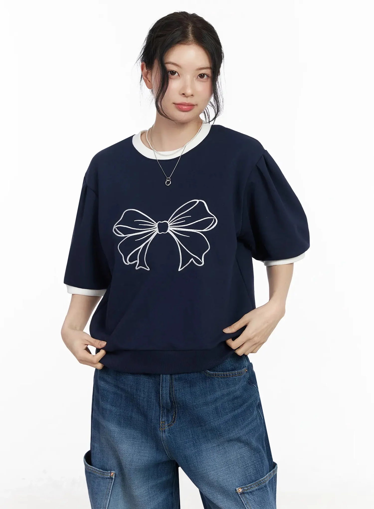 ribbon-embroidered-short-sleeve-top-iy511 / Dark blue