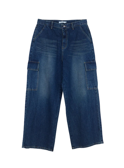 mens-wide-leg-cargo-denim-jeans-il518 / Dark blue