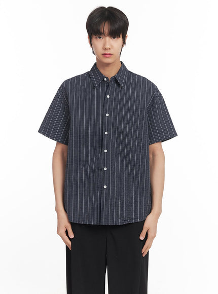 mens-striped-loose-fit-collared-shirt-ia510 / Dark blue