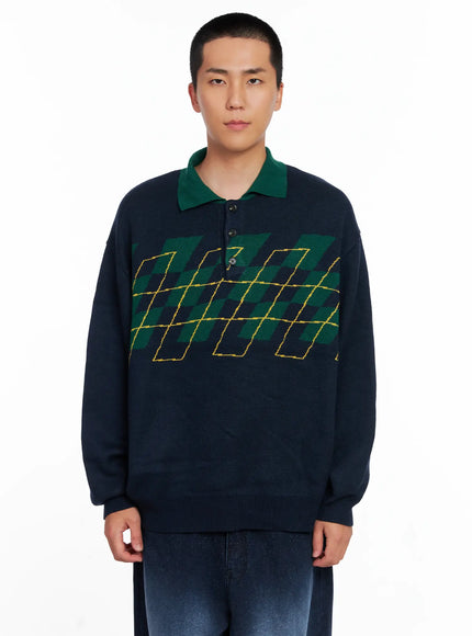 mens-argyle-henley-knit-is510 / Dark blue