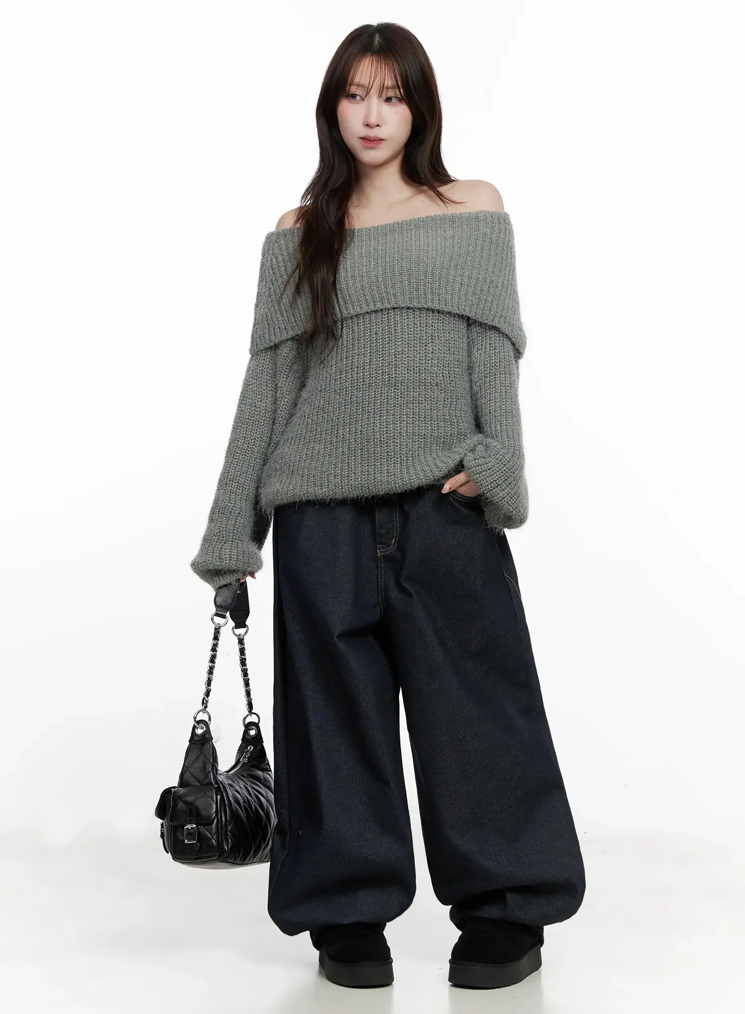 cozy-off-shoulder-knit-sweater-in514 / Dark gray