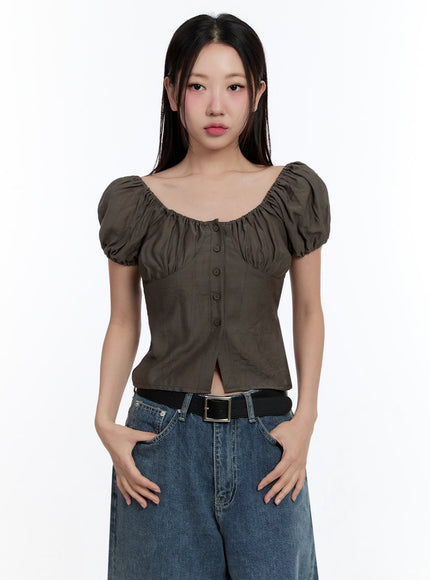 off-shoulder-puff-sleeve-crop-top-iu509 / Dark gray