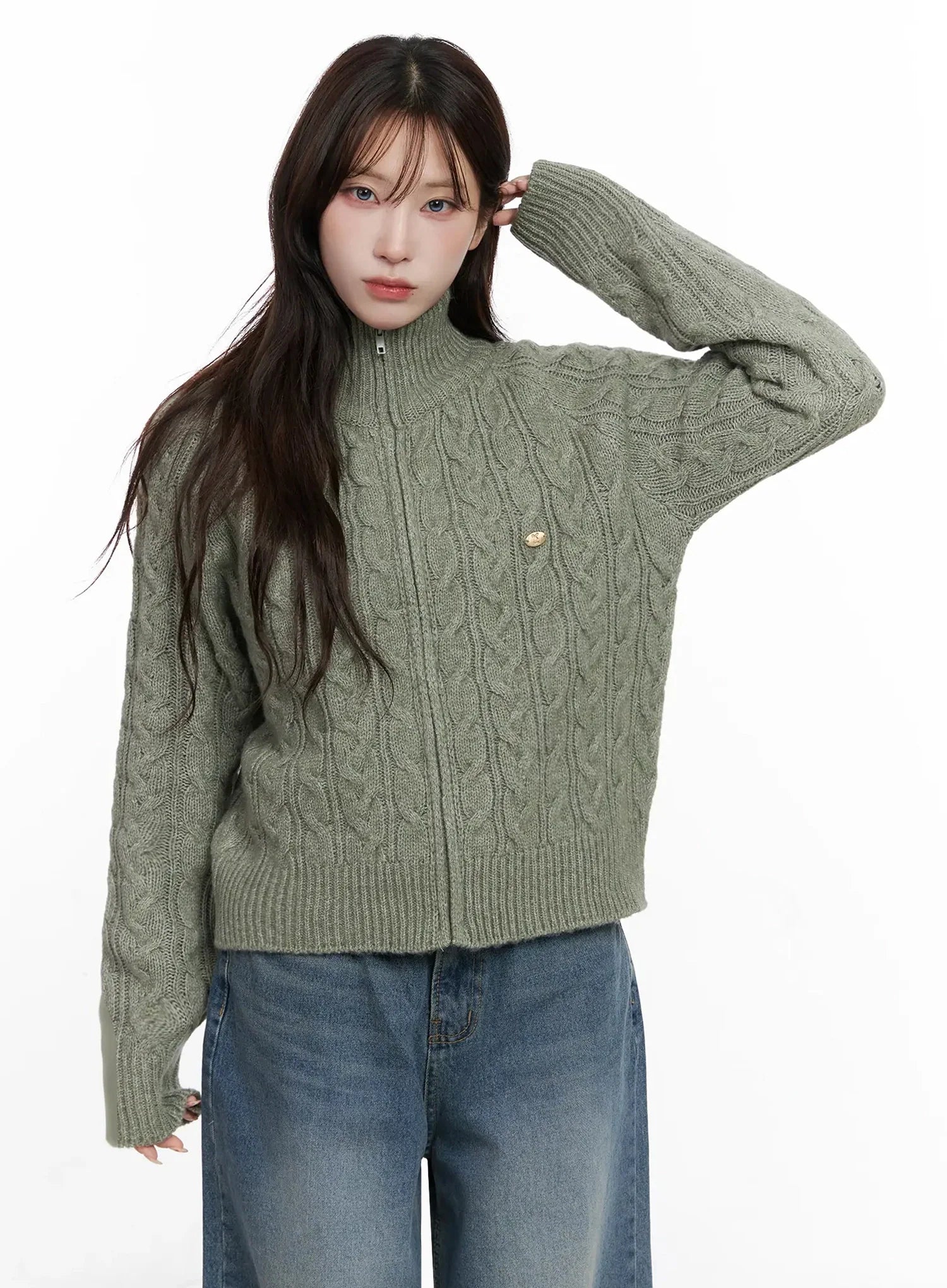 cable-knit-zip-up-jacket-in525 / Dark green
