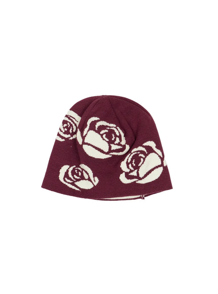 rose-pattern-knit-beanie-ia523 / Dark red
