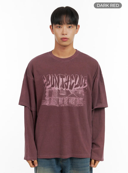 mens-cotton-graphic-layered-long-sleeve-is420 / Dark red