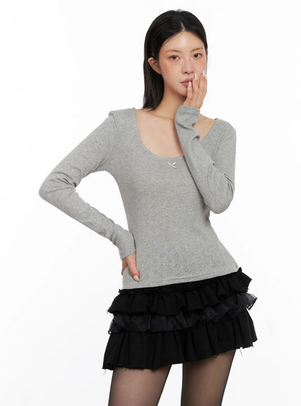 Scoop Neck Ribbed Long Sleeve Top IS508