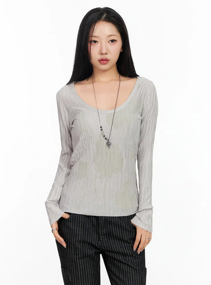 floral-pleated-u-neck-long-sleeve-ca513 / Gray