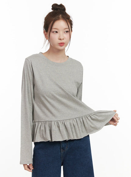elegant-frill-long-sleeve-top-ij530 / Gray