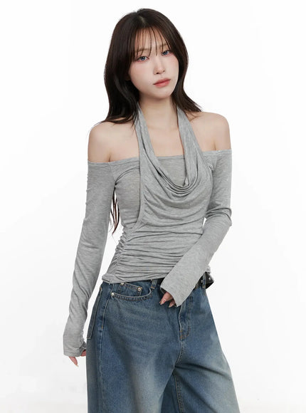 off-shoulder-draped-halter-top-in525 / Gray