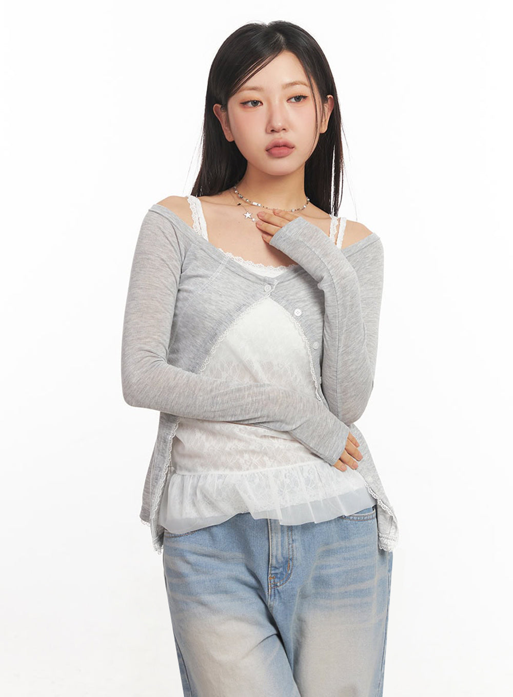 lace-buttoned-off-shoulder-cardigan-ia524 / Gray
