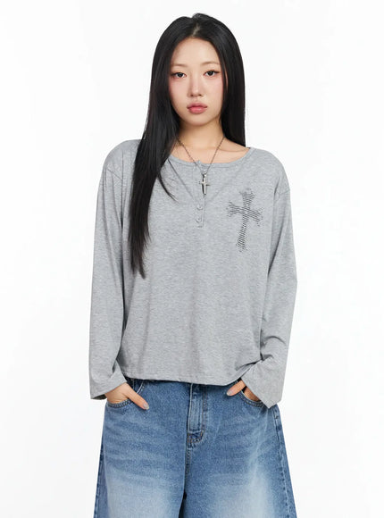 oversized-cross-detail-long-sleeve-top-ca513 / Gray