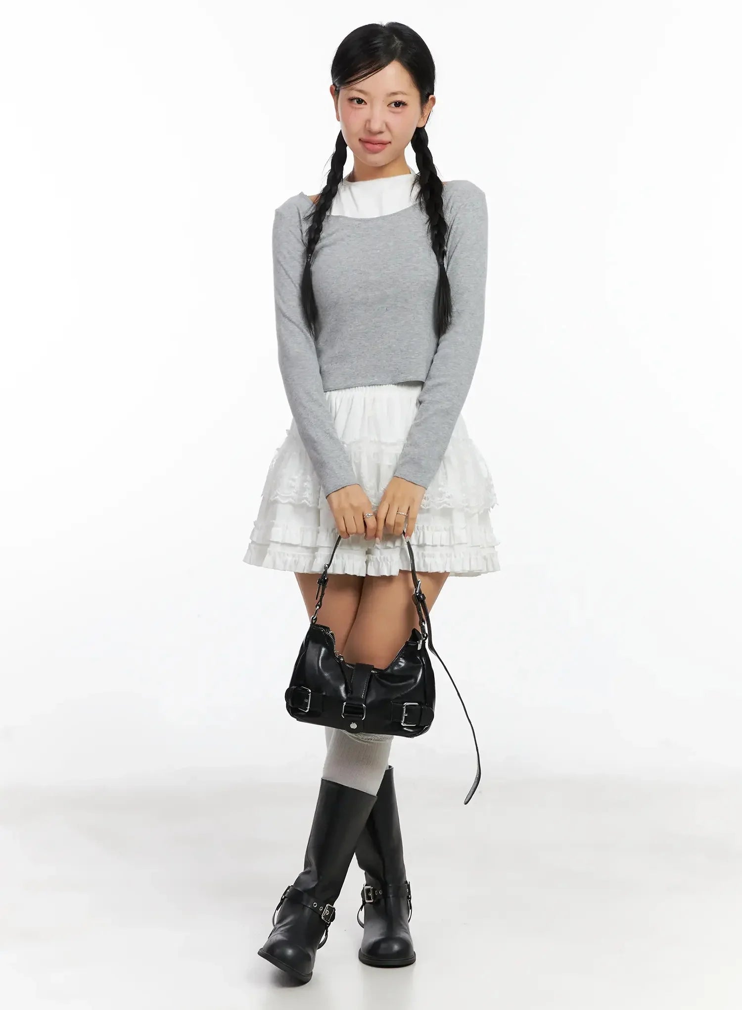 contrast-halter-layered-crop-top-in528 / Gray