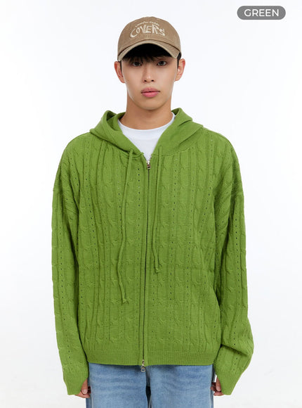 mens-cable-knit-hooded-zip-up-sweater-ig416 / Green