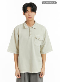 mens-washed-oversized-cotton-collar-t-shirt-ia401 / Light beige