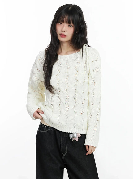 boat-neck-cable-knit-top-if505 / Light beige