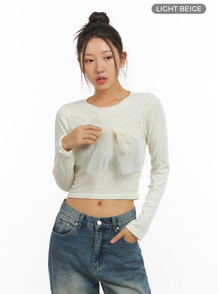 ribbon-tied-long-sleeve-top-is402 / Light beige