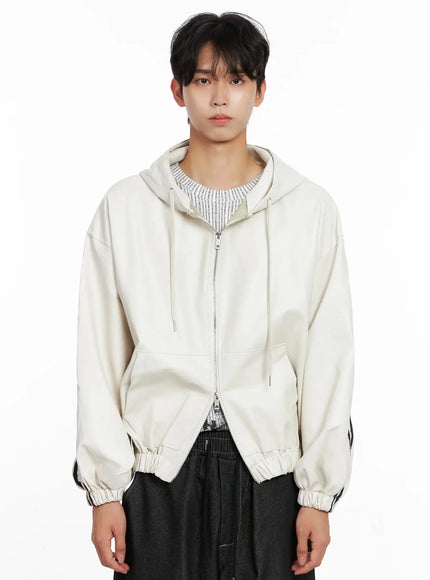 Men's Faux Leather Track Hooded Jacket IO517