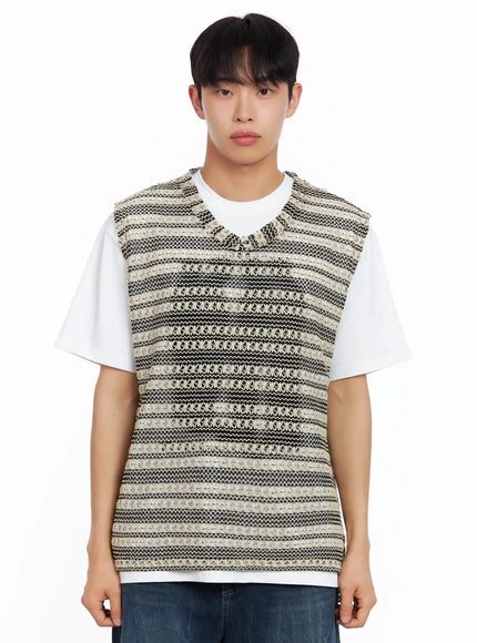 mens-striped-knit-v-neck-vest-il516 / Light beige