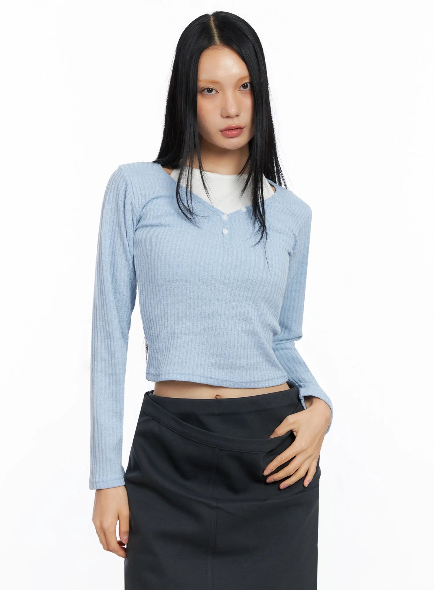 layered-ribbed-halter-top-co517 / Light blue