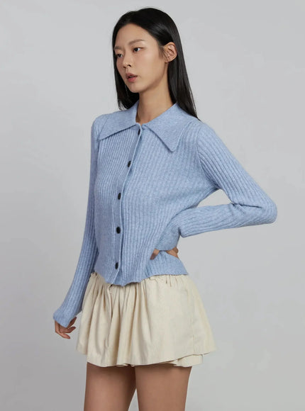 ribbed-knit-button-up-cardigan-im520 / Light blue