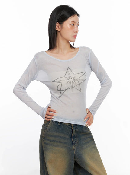 Sheer Star Graphic Long Sleeve Top IS508