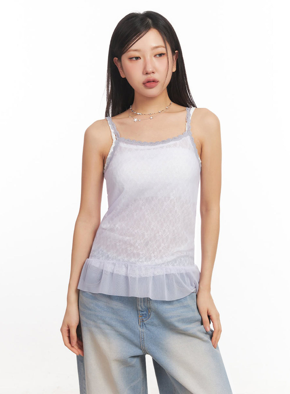 sheer-frill-trim-lace-cami-top-ia524 / Light purple