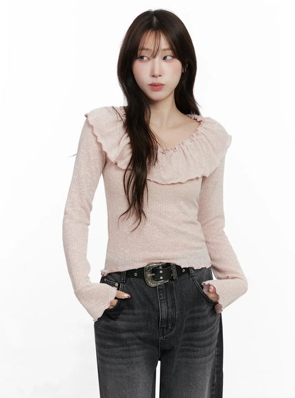 frilled-off-shoulder-long-sleeve-top-in514 / Pink