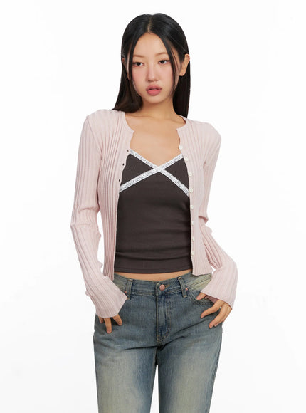 ribbed-slim-fit-cardigan-ig528 / Pink