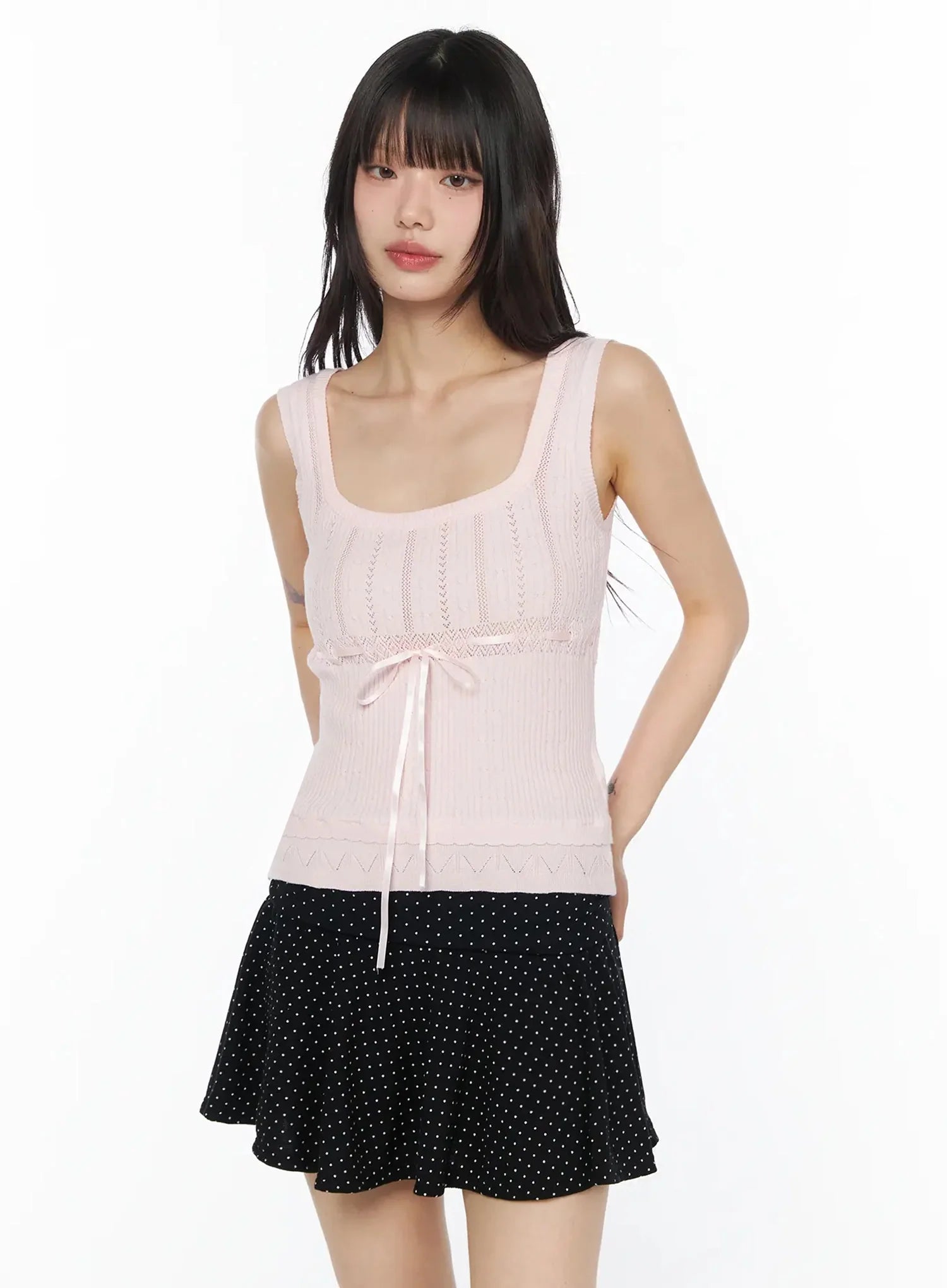 ribbon-knit-sleeveless-top-iy525 / Pink