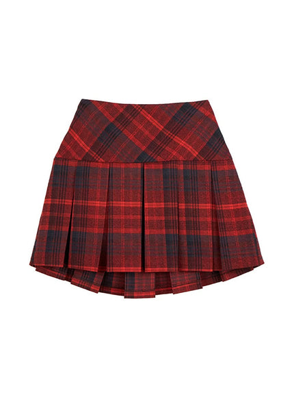 checkered-pleated-mini-skirt-in427 / Red