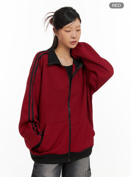 striped-waffle-zip-up-jacket-iy410 / Red