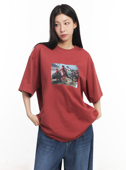 casual-cotton-graphic-oversize-t-shirt-iy529 / Red