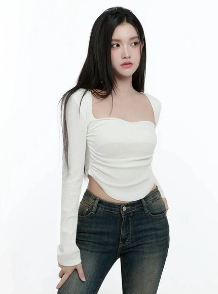 ribbed-halterneck-shirred-long-sleeve-top-io520 / White