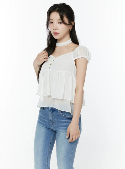 chiffon-layered-blouse-and-skinny-scarf-set-iy511 / White
