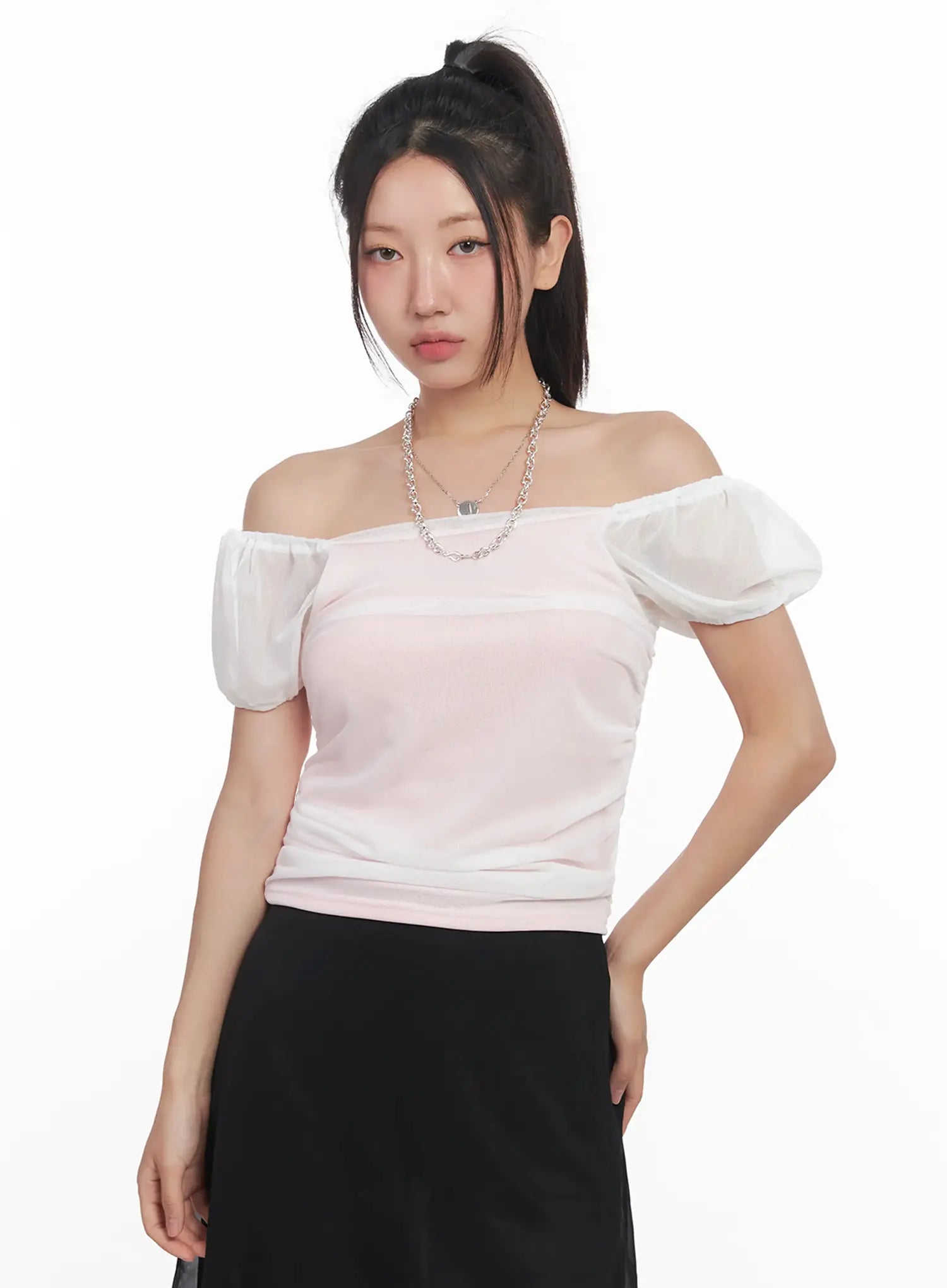 sheer-puff-sleeve-crop-top-iu509 / White