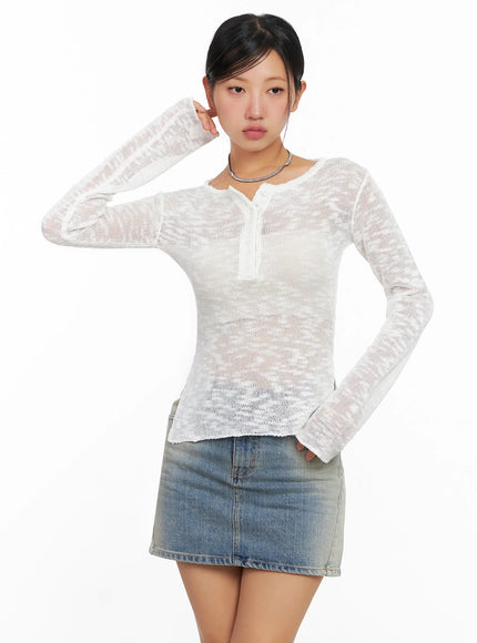 sheer-buttoned-neck-long-sleeve-top-ig527 / White
