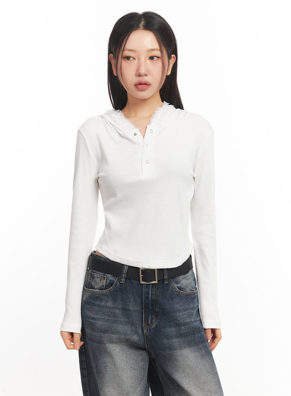 lace-trim-crop-hoodie-ia524 / White