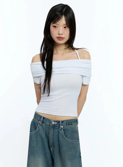 shirred-off-shoulder-short-sleeve-tee-iu525 / White