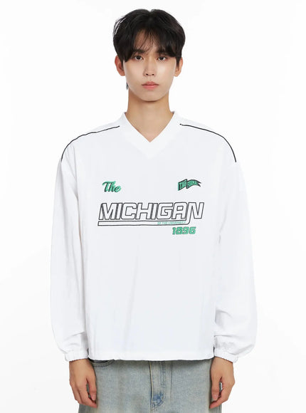 Men's V-Neck Lettering Windbreak Pullover IO516