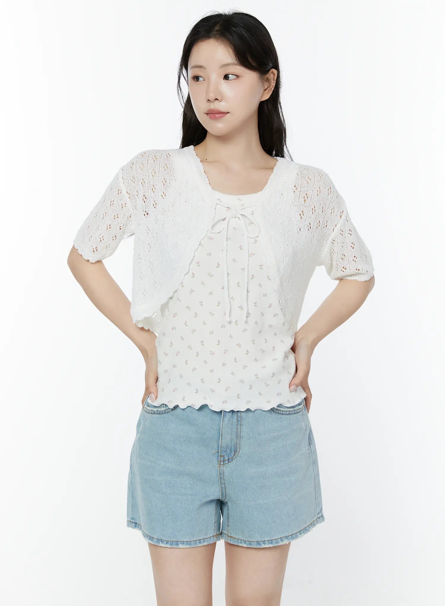 half-sleeve-lace-knit-cardigan-iy507 / White