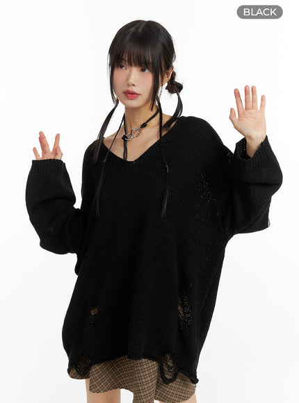 v-neck-ripped-knitted-long-sleeve-top-cf416 / Black