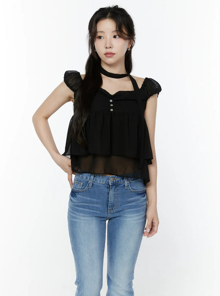 chiffon-layered-blouse-and-skinny-scarf-set-iy511