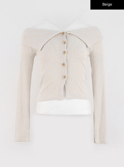 off-shoulder-ribbed-cardigan-io324 / Beige