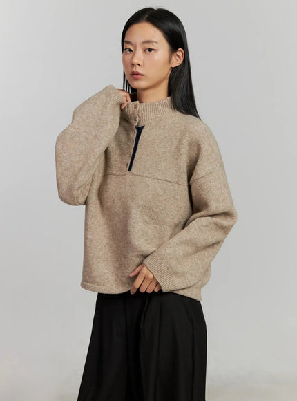 contrast-collar-knit-top-ij505 / Beige