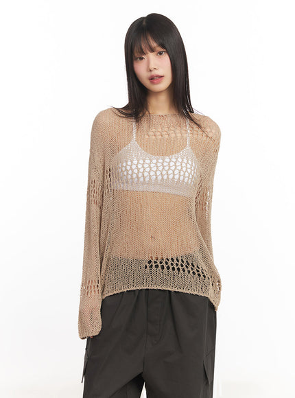 mesh-patterned-knit-top-ia521 / Beige