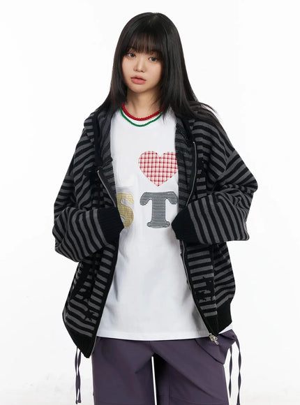striped-star-pattern-zip-up-hoodie-ia523 / Black