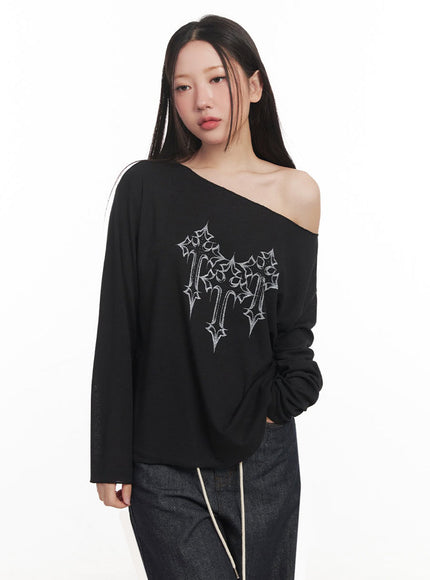 one-shoulder-sheer-long-sleeve-graphic-top-im528 / Black